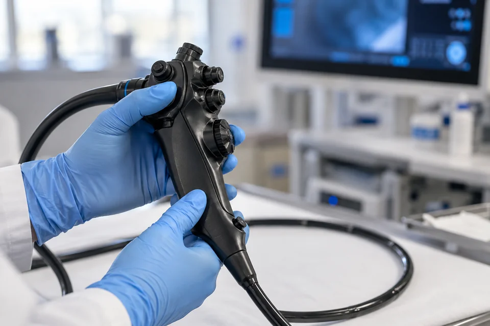 Poignée d’un endoscope souple tenue par des mains gantées de bleu — illustration