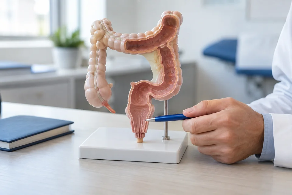 Modèle pédagogique du côlon et du rectum, avec un stylo indiquant la partie basse — illustration